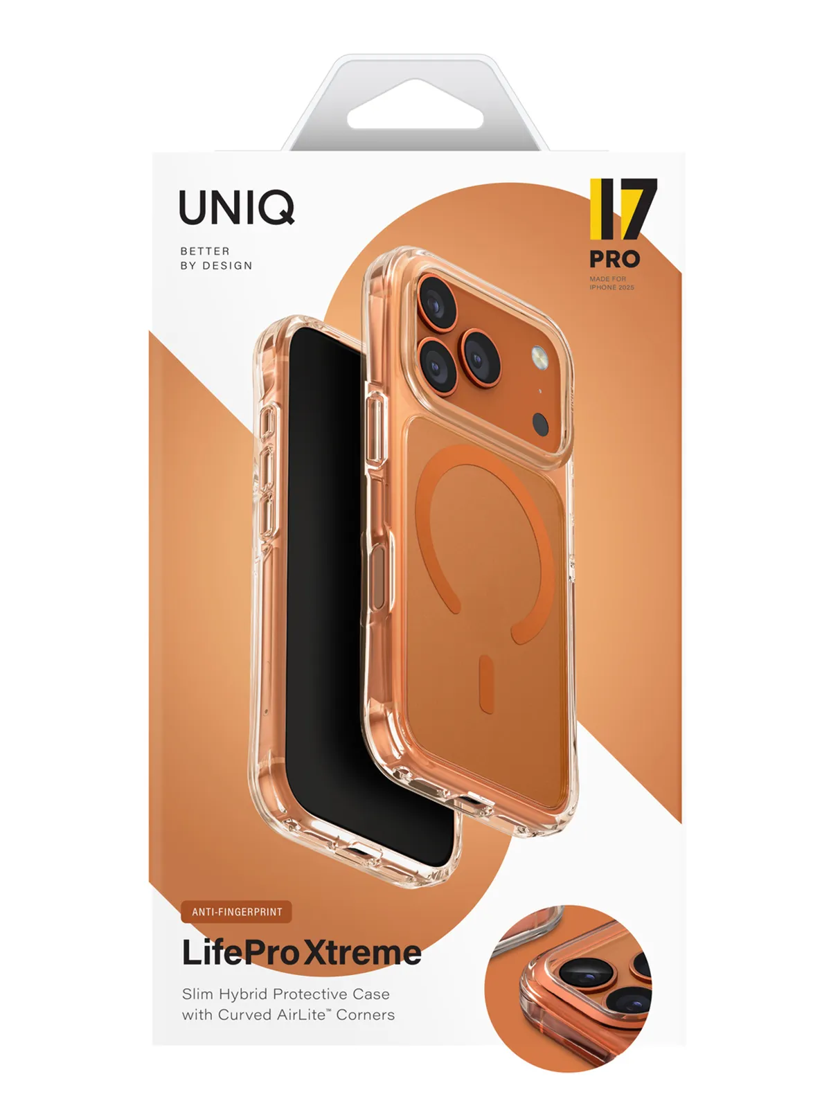 Чехол Uniq на iPhone 17 Pro, LifePro Xtreme AF MagSafe, бесшовный, ударопрочный, с усиленными углами AirLite, матовый, прозрачный с оранжевым