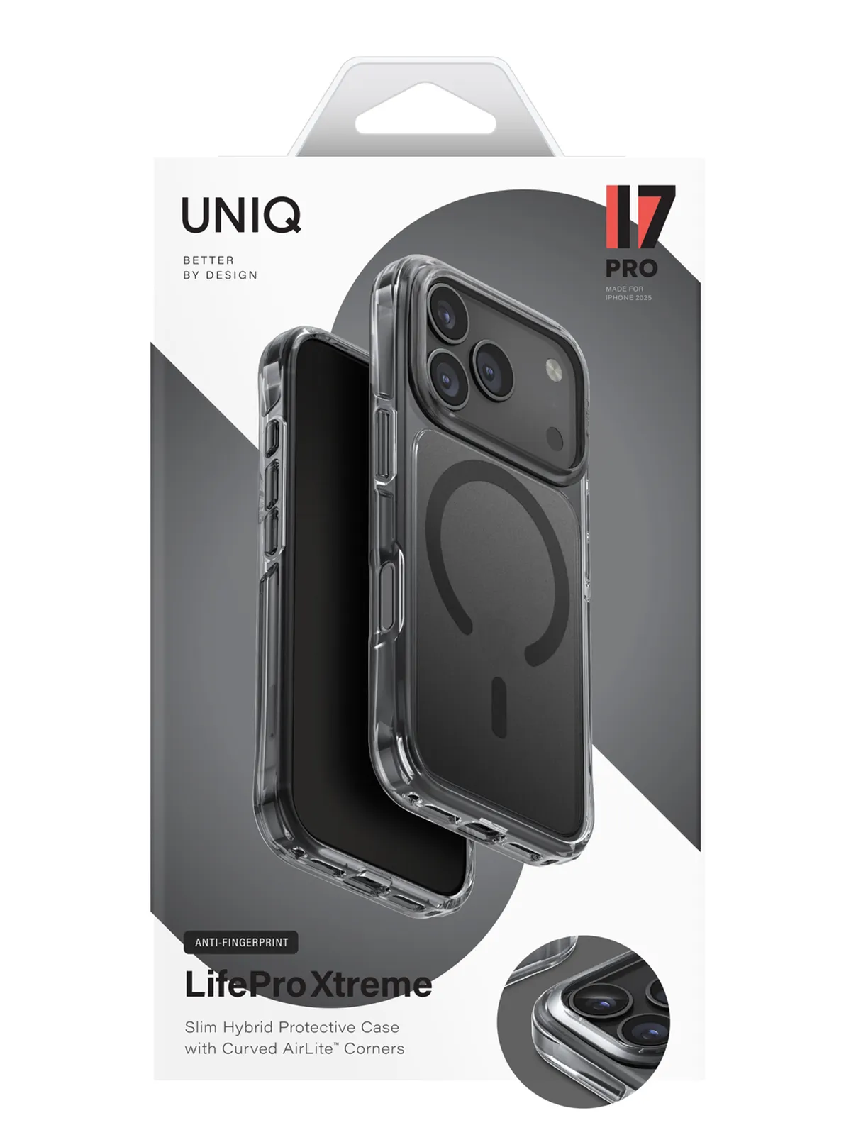 Чехол Uniq на iPhone 17 Pro, LifePro Xtreme AF MagSafe, бесшовный, ударопрочный, с усиленными углами AirLite, матовый, прозрачный с серым