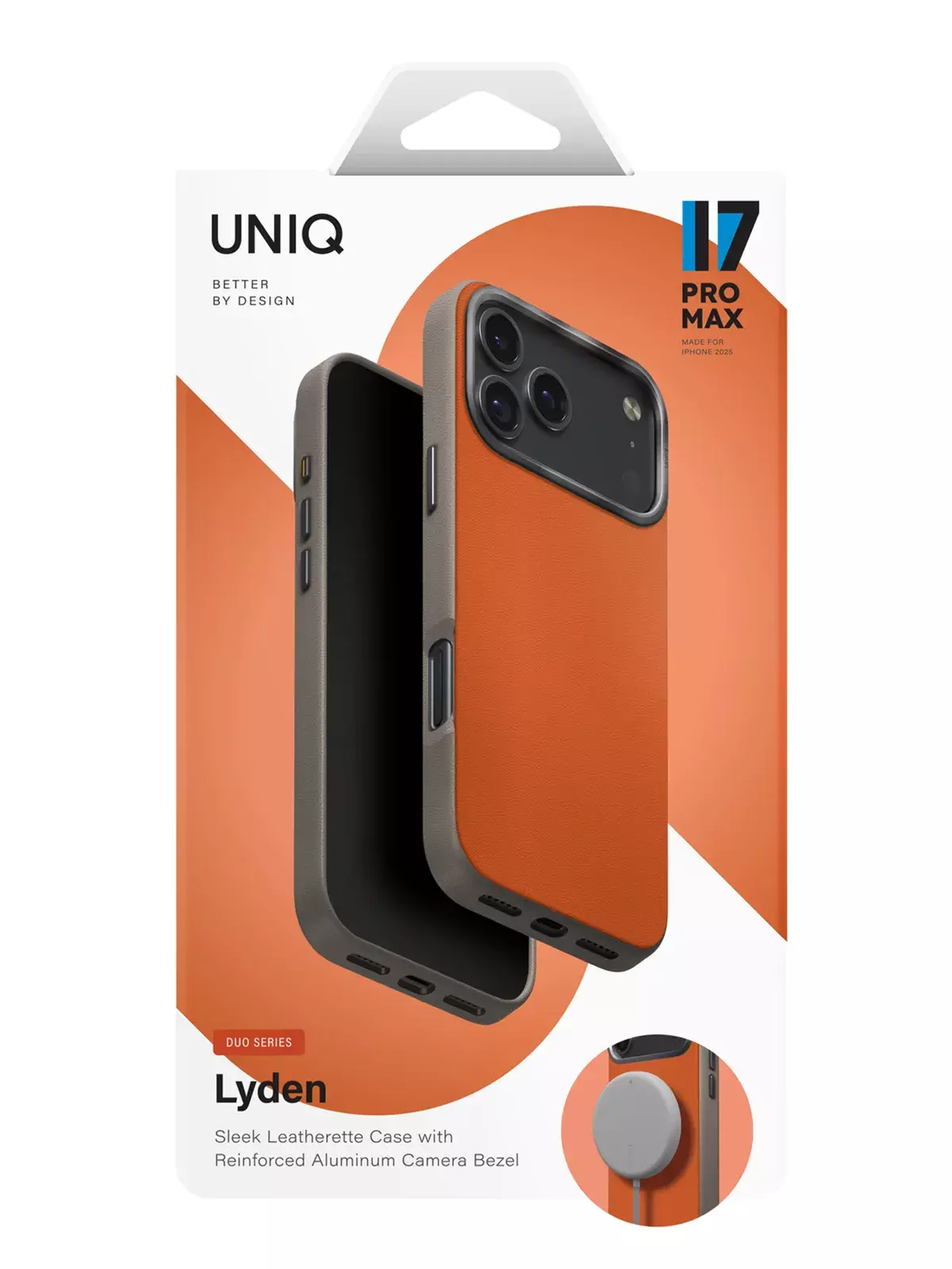 Чехол Uniq на iPhone 17 Pro Max, Lyden DS MagSafe, из премиальной экокожи, с металлической защитой камеры, оранжевый