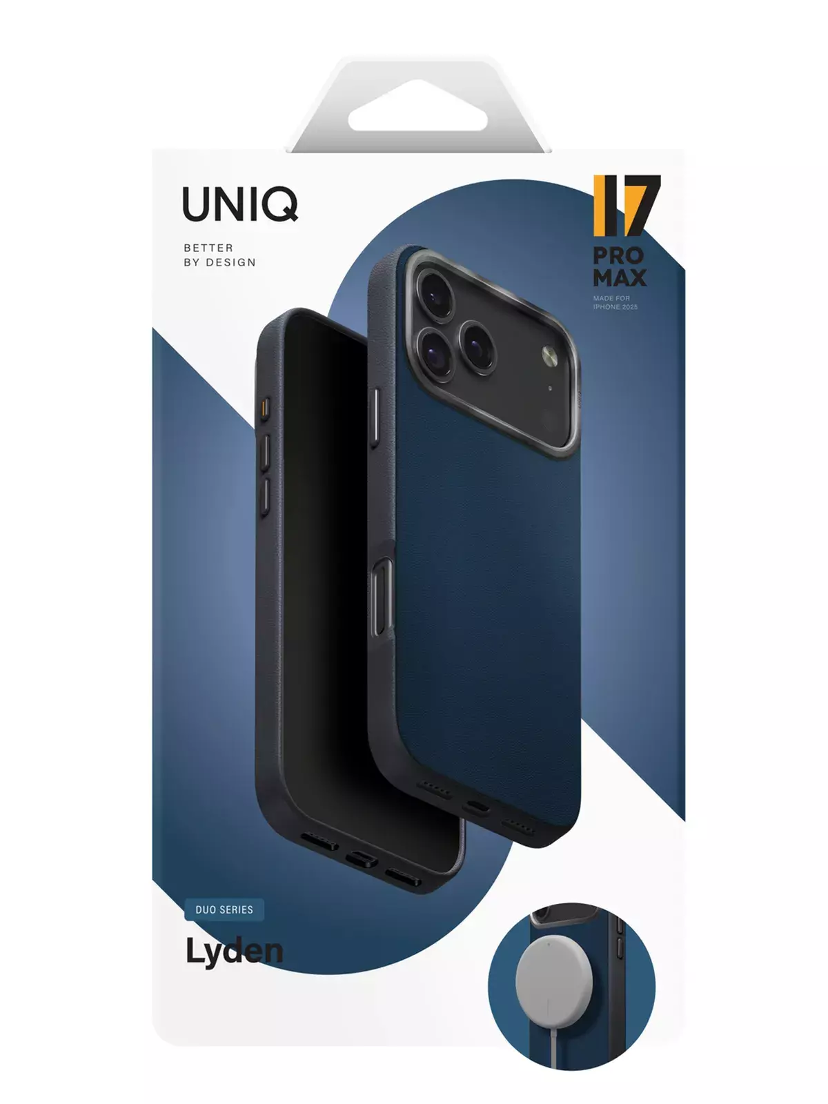Чехол Uniq на iPhone 17 Pro Max, Lyden DS MagSafe, из премиальной экокожи, с металлической защитой камеры, синий