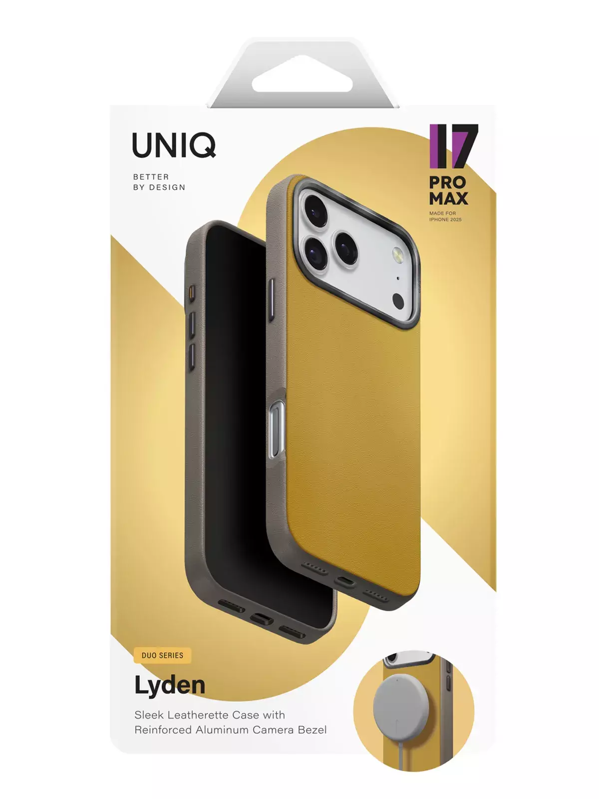 Чехол Uniq на iPhone 17 Pro Max, Lyden DS MagSafe, из премиальной экокожи, с металлической защитой камеры, желтый