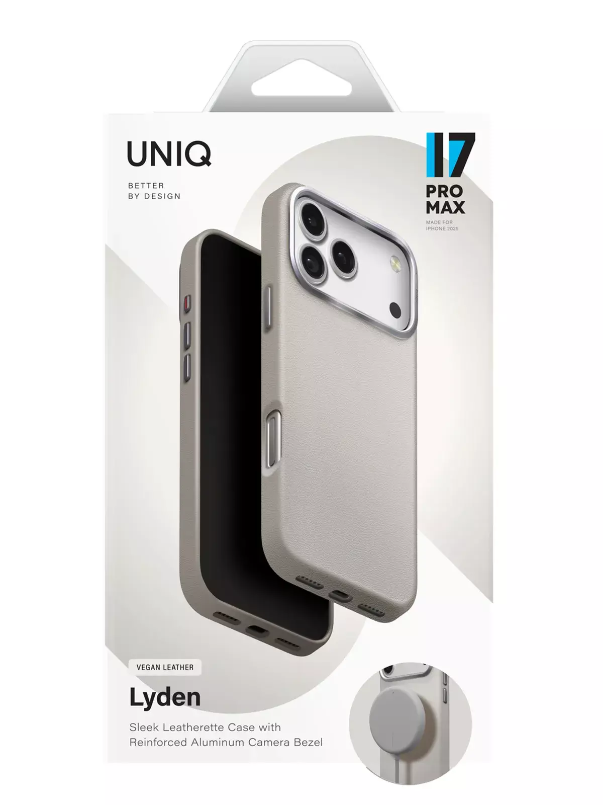 Чехол Uniq на iPhone 17 Pro Max, Lyden MagSafe, из премиальной экокожи, с металлической защитой камеры, серый