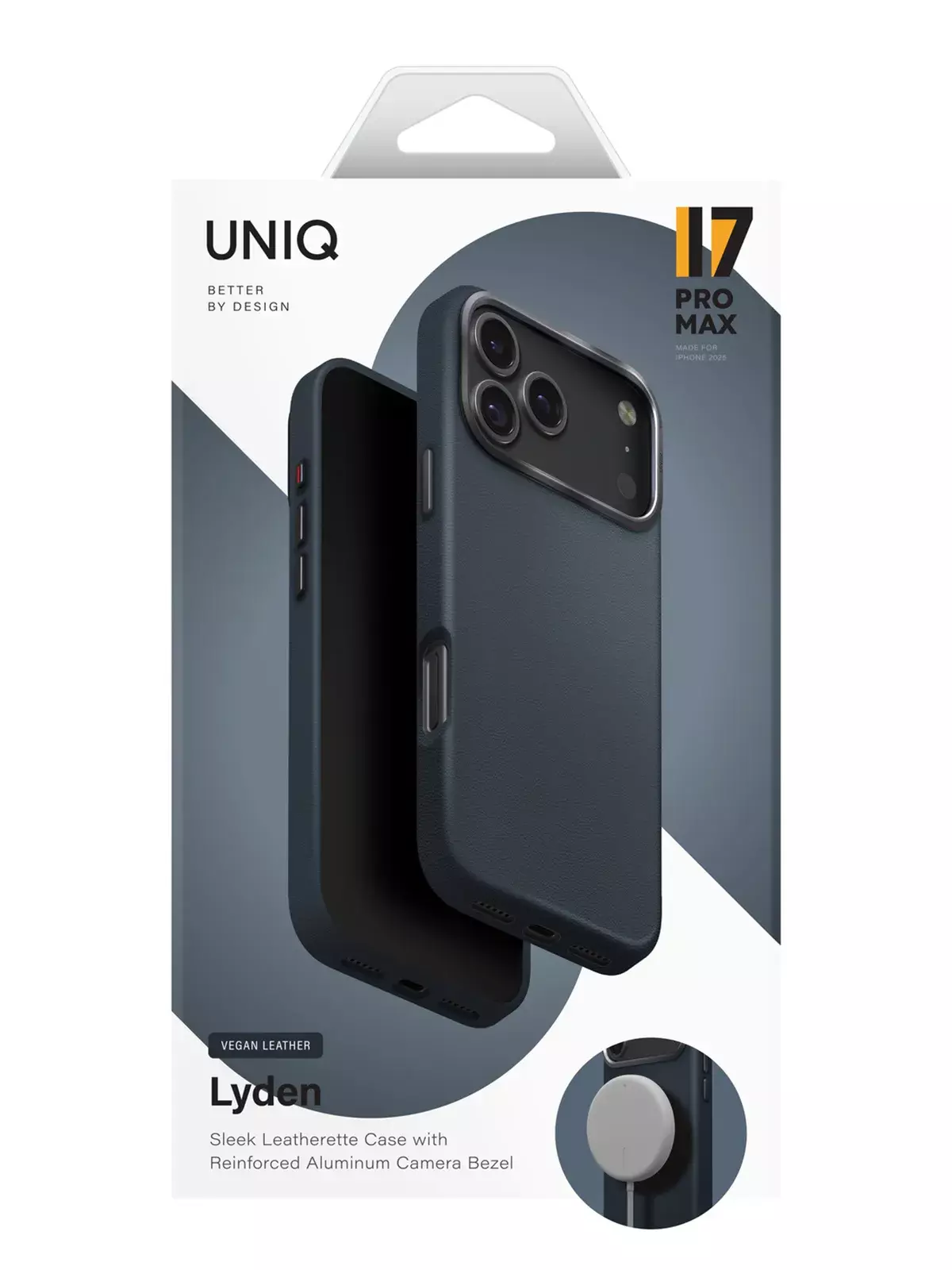 Чехол Uniq на iPhone 17 Pro Max, Lyden MagSafe, из премиальной экокожи, с металлической защитой камеры, синий