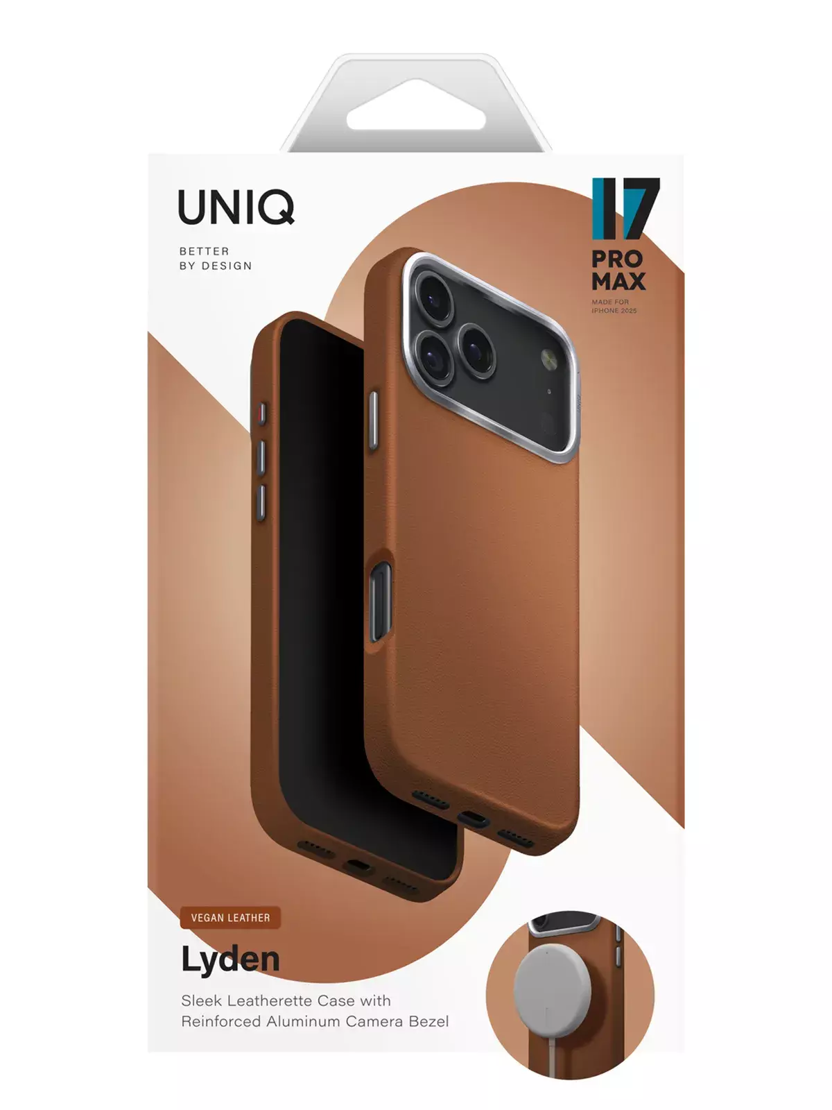 Чехол Uniq на iPhone 17 Pro Max, Lyden MagSafe, из премиальной экокожи, с металлической защитой камеры, коричневый